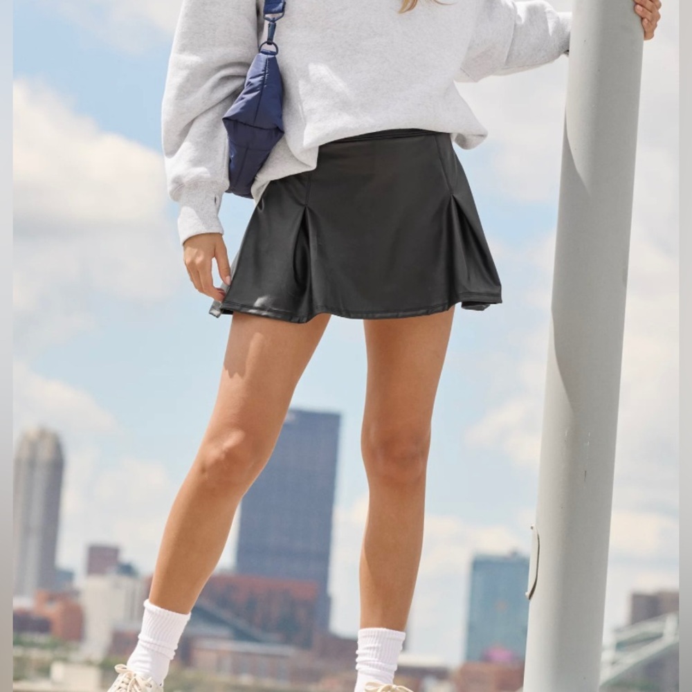 Black Faux Leather Paneled Mini Skort- Aerie Offline Size S
